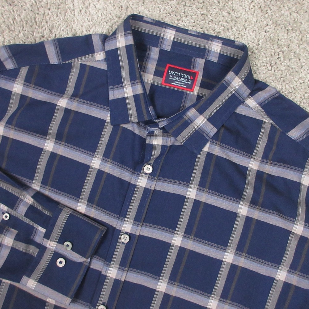 Untuckit Shirt Mens 2XL‎ Blue Plaid Gilmore WF Twill Flannel Navy Button Up EUC